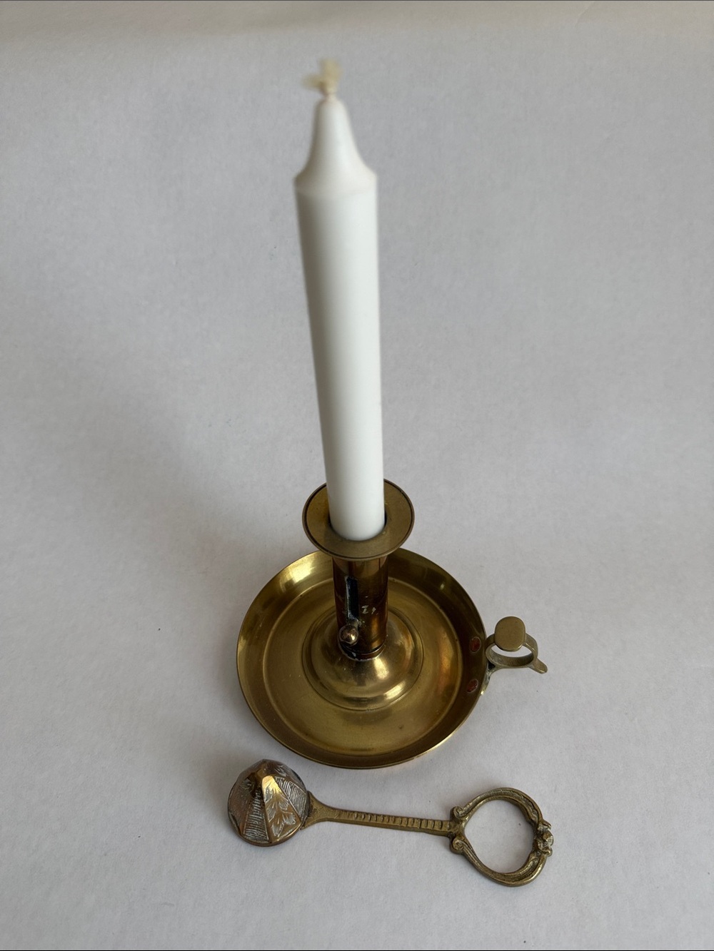 Vintage 5”H Brass Candle Holder with Drip Tray & Candle Snuffer - Gold Finish